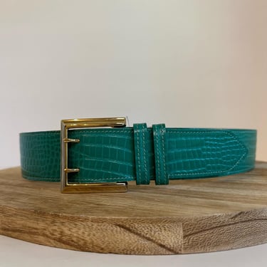 Vintage 90s Green Genuine Leather Wide Gold Buckle Belt - Small 