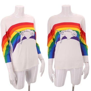 70s rainbow UNICORN t shirt / vintage 1970s novelty print horse tee / disco cotton 3/4 sleeve top shirt M-L 