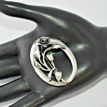 50's Danecraft sterling oval framed roses brooch, elegant mid-century 925 silver floral pin 
