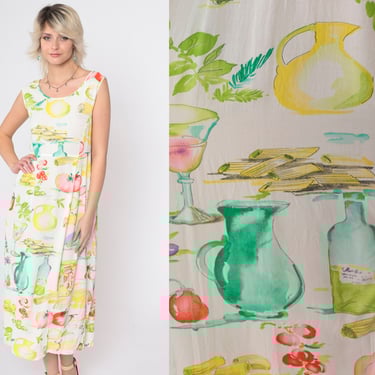 Vintage Jams World Dress 90s Food Art Pasta Dress Watercolor Hawaiian Summer Midi Dress Surfer Retro White 1990s Sleeveless Extra Small xs 