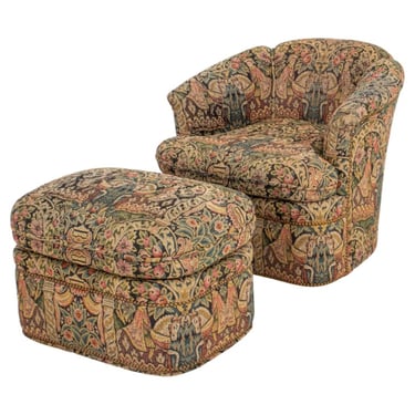Vintage Needlepoint Upholstered Chair &amp; Ottoman