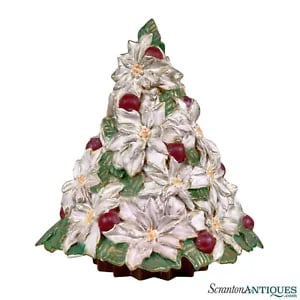 Vintage Ceramic Poinsettia Floral White Christmas Tree Sculpture 14&quot;