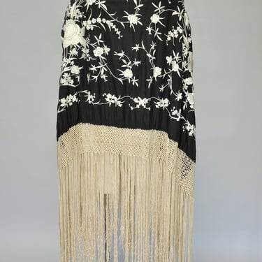 antique 1890s black & white hand embroidered Canton shawl XL 