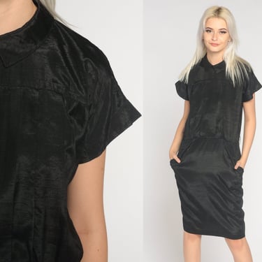 Black Mini Dress 90s Shiny Shift Dress Plain Gothic Pocket Dress Collared Retro Gothic Party Simple LBD Short Sleeve Vintage 1990s Medium 8 