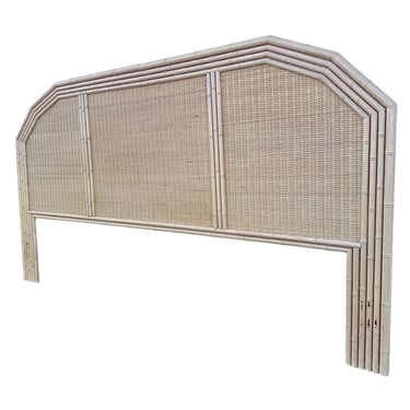 Rattan King Headboard with Faux Bamboo & Wicker - Vintage Sand Wash Coastal Palm Beach Hollywood Regency Boho Tan Arched Curved Furniture 