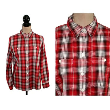 S Y2K Red Plaid Button Down Shirt, Collared Long Sleeve Cotton Blouse, Casual Western Cowgirl, 2000s Clothes Women Vintage RALPH LAUREN 