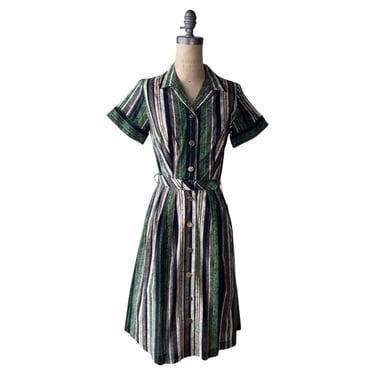 1950s Deadstock green gray and brown striped cotton dress 