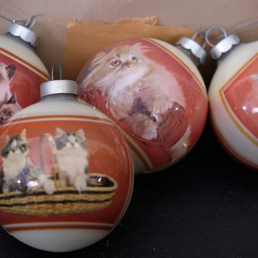 1970s Corning Cat Kittens Glass Christmas Tree Ornaments Balls 