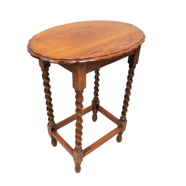 Wooden Side Table | Antique English Oak Barley Twist Scalloped Edge Accent Table 