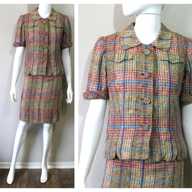 Vintage 50's 1960s DAVIDOW Rainbow Silk Wool Woven Plaid Irish Jacket Dress Skirt Suit  // Modern US 0 2 