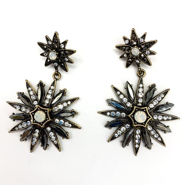 Vintage VTG 1990s 90s Deadstock Black Fan Starburst Rhinestone Drop Earrings 