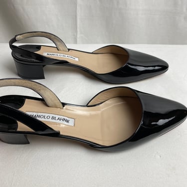 Manolo Blahnik black patent leather sling back shoes~ aspro block heel pointy toe glossy mod style Y2k low high heel~ Euro size 40 81/2-9 