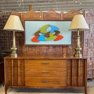 Mid Century Walnut Kent Coffey ‘Townhouse’ Lowboy Dresser with Walnut Framed Mirror