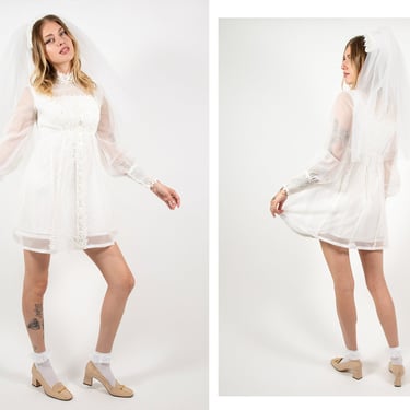 Vintage 1970s 70s Hippy Folk Daisy Lace Sheer White Mini Dress // Sharon Tate Wedding Engagement Bridal w/ Matching Short Veil 