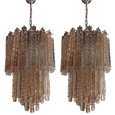 Pair of Amber/Clear Murano Glass Planks Chandeliers by Mazzega. Italy, 1960's.