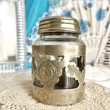 Ornate Jar, Engraved Metal Case, Glass Bottle, Metal Lid, Space for Engraving, Vintage Organization 