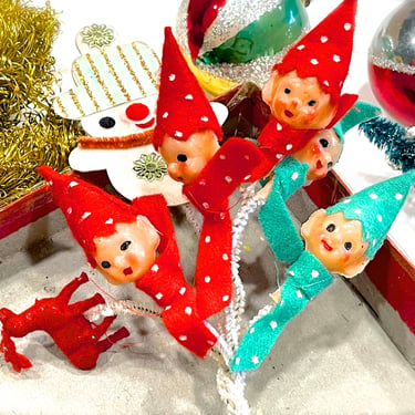 VINTAGE: 7 Christmas Picks - Pixie Elf, Snowman, Reindeer - Christmas Crafts, Corsage, Millinery, Crafts - SKU 