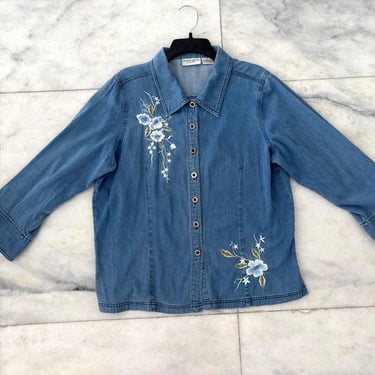 Vintage Jaclyn Smith Denim Shirt Button Up Blue Floral Embroidered Farm Cottage Western XL 