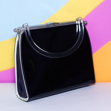 Vintage 1950s Black Patent with a Clear Lucite Handle Handbag 