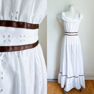 Vintage 1960s White Eyelet Maxi Peasant Dress / XS 