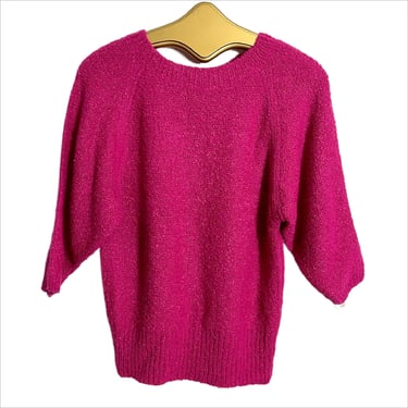 1980s boucle knit fuchsia short sleeve pullover sweater - size L 