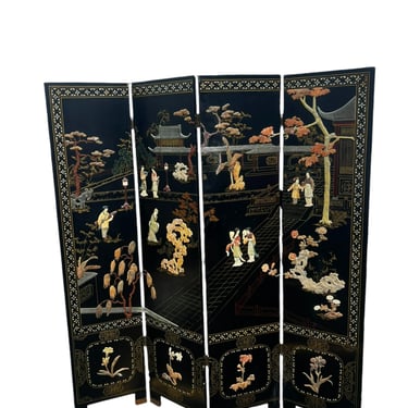 1920c Asian Coromandel Lacquer Double Sided Four-Sided Panel Screen Divider With Soapstone Decorations