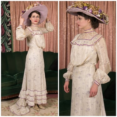 Antique Edwardian Gown - Lovely c. 1900-1904 Cotton Floral Dress Edge in Purple Satin Trimmed Lace with Pigeon Bodice and Trained Skirt 