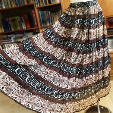 Vintage Skirt OWLS TRIBAL Aztec Mayan Incan Long 1980's India 1990's boho Hippie Brown Black One Size, Full skirt 