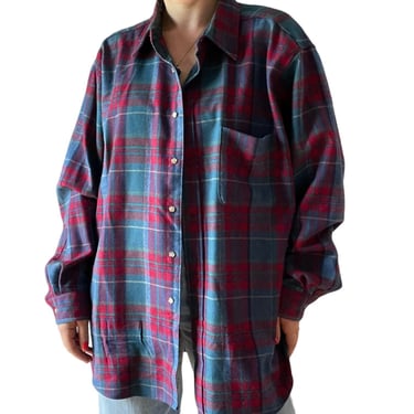 Vintage Mens Pendleton 1970s Red Blue Plaid Flannel Wool Button Down Shirt Sz XL 