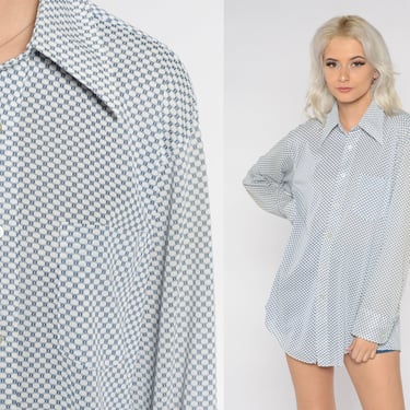 70s Disco Shirt Retro Button Up Dagger Collar Blue White Geometric Lattice Print Collared Long Sleeve Vintage 1970s Men's Large xl l 