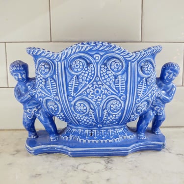 Vintage 1940's Ceramic Victorian Style Blue Planter with Cherub Figurines Made in Japan House Plants Indoor Planter 