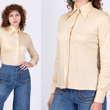 70s Champagne Button Up Disco Top - Medium | Vintage Shiny Collared Long Sleeve Fitted Blouse 