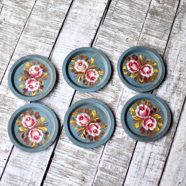 Vintage Wooden Coasters Bavarian Drink Coasters Roses Painted Home Decor Table Decor 