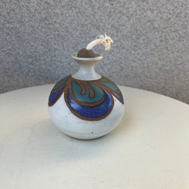 Vintage blue green grey Mini pottery oil lamp signed MM 