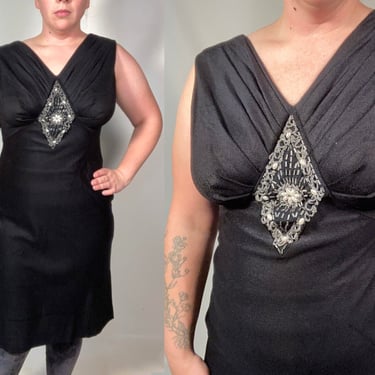 Vintage 70s Plus Size Black Beaded Diamond Party Dress Size XL 
