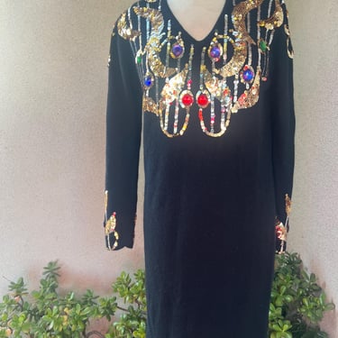 Vintage 80s glam wool black knit dress sequins & rhinestones Sz S by Outlander 