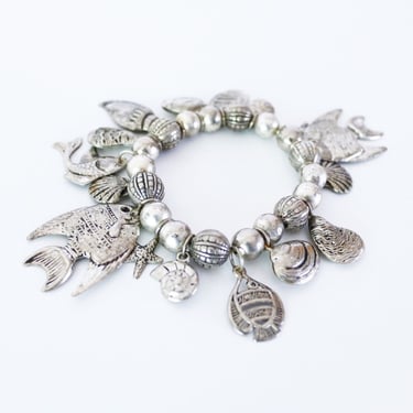 Vintage Silver Fish Beach Bangle Charm Bracelet Shells Nautilus Starfish 