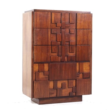 Lane Stacatto Brutalist Mid Century Walnut Highboy Dresser - mcm 