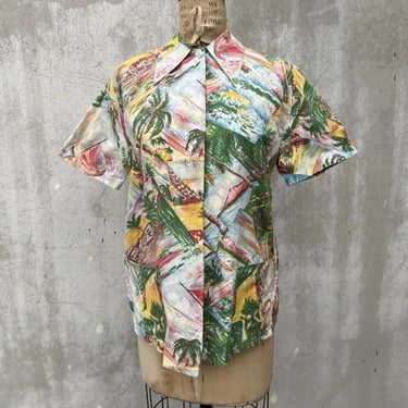 Vintage 1940s Hawaiian Print Cotton Shirt Jacket Colorful Trees Figural Ocean