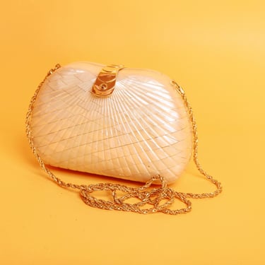 70s Off White Mother of Pearl Italian Gold Chain Strap Bag Vintage Hard Box Clam Purse 