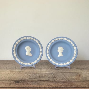 Vintage Wedgwood Pale Jasper Blue Jasperware - Queen Elizabeth and Duke of Edinburgh Pin Plates 