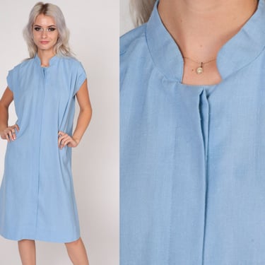 Blue Shift Dress 80s Knee Length Midi Dress Hidden Button up Shirtdress Cap Sleeve Simple Basic Plain Day Linen Blend Vintage 1980s Large L 