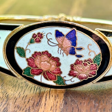 Vintage Cloisonne Bracelet Hinged Cuff Butterfly Flowers Retro Fashion Jewelry 