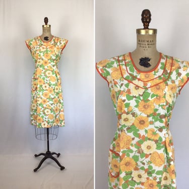 Vintage 40s dress | Vintage orange green cotton day dress | 1940s floral print house dress 
