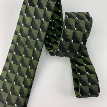 Early 1960's Tie - 3 Dimensional Checkered Dot Pattern - Olive, Black & White - Narrow Width 