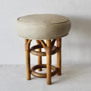 Vintage Arched Bamboo Rattan Vanity Stool with Textured Faux Leather Upholstered Seat Mid-Century 