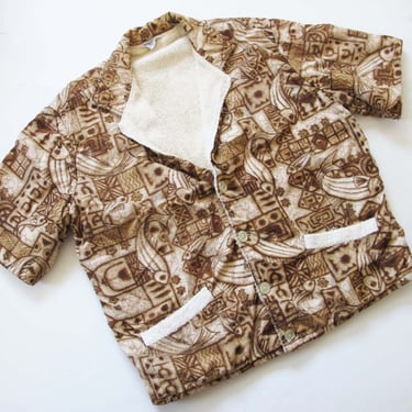 Vintage 60s Mens Cabana Shirt Terrycloth Lined M - 1960s Brown Fish Pattern Short Sleeve Button Up - Tiki Vacation Hawaiian 