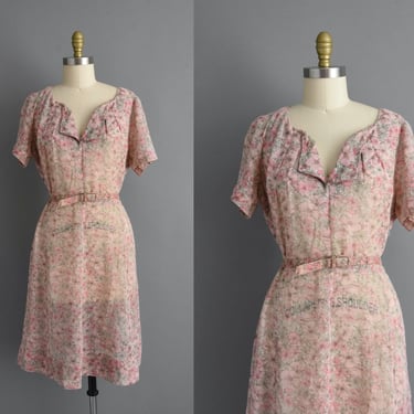 1960s vintage dress | Pink Floral Print Cotton Shirtwaist Dress | Large XL | 60s dress 