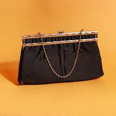 50s Black SIlver Handle Evening Chain Purse Vintage Formal Fabric Clutch 