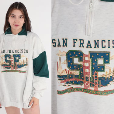 San Francisco Shirt 90s Quarter Zip Sweatshirt Golden Gate Bridge Graphic Pullover Sweater Heather Grey California Top Vintage 1990s Mens XL 